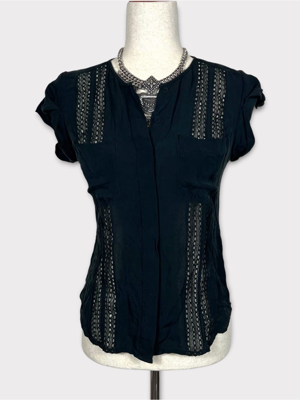 Veronica Beard Silk Button Up Eyelet Shirt 2 Grunge Whimsigoth Preppy Black